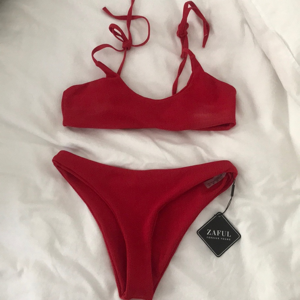 Red Ribbed Bathing Suit